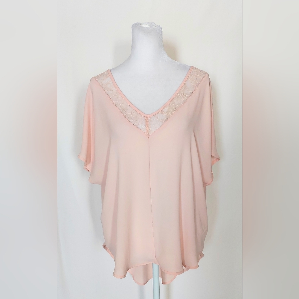ASTR Crochet V Neck Short Sleeve Flowy Blouse Pink Womens Large